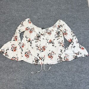 Kendall + Kylie PacSun White Floral Off-Shoulder Top Small Lace-Up Flare Sleeve